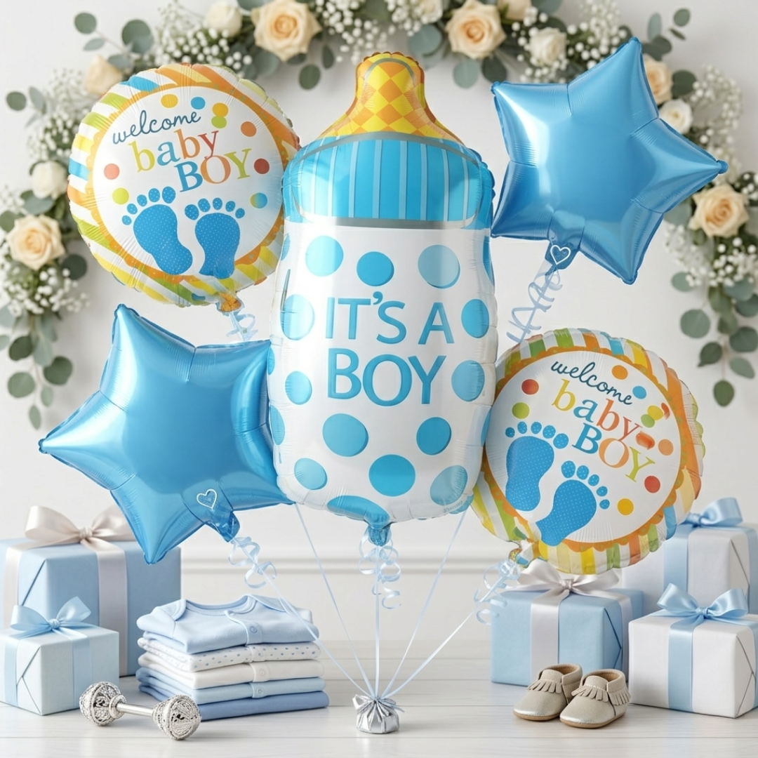 It’s a Boy  Bottle Shaped Helium Balloon Set of 5 (Baby Bottle + Welcome Baby Boy + Blue Star Balloons) | Pre-Inflated & Delivered | Baby Shower Decoration