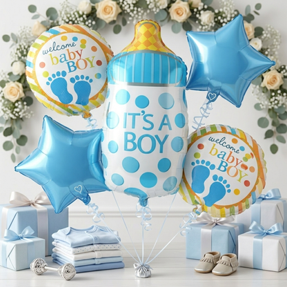 It’s a Boy  Bottle Shaped Helium Balloon Set of 5 (Baby Bottle + Welcome Baby Boy + Blue Star Balloons) | Pre-Inflated & Delivered | Baby Shower Decoration