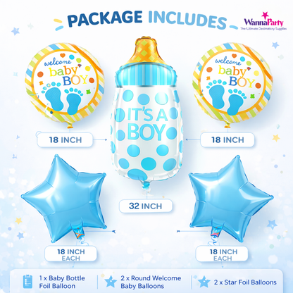 It’s a Boy  Bottle Shaped Helium Balloon Set of 5 (Baby Bottle + Welcome Baby Boy + Blue Star Balloons) | Pre-Inflated & Delivered | Baby Shower Decoration