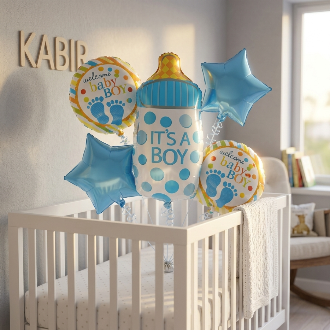 It’s a Boy  Bottle Shaped Helium Balloon Set of 5 (Baby Bottle + Welcome Baby Boy + Blue Star Balloons) | Pre-Inflated & Delivered | Baby Shower Decoration