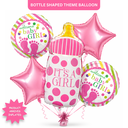It’s a Girl Bottle Shaped Helium Balloon Set of 5 (Baby Bottle + Welcome Baby Girl + Pink Star Balloons) | Pre-Inflated & Delivered | Baby Shower Decoration