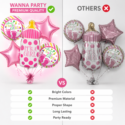 It’s a Girl Bottle Shaped Helium Balloon Set of 5 (Baby Bottle + Welcome Baby Girl + Pink Star Balloons) | Pre-Inflated & Delivered | Baby Shower Decoration