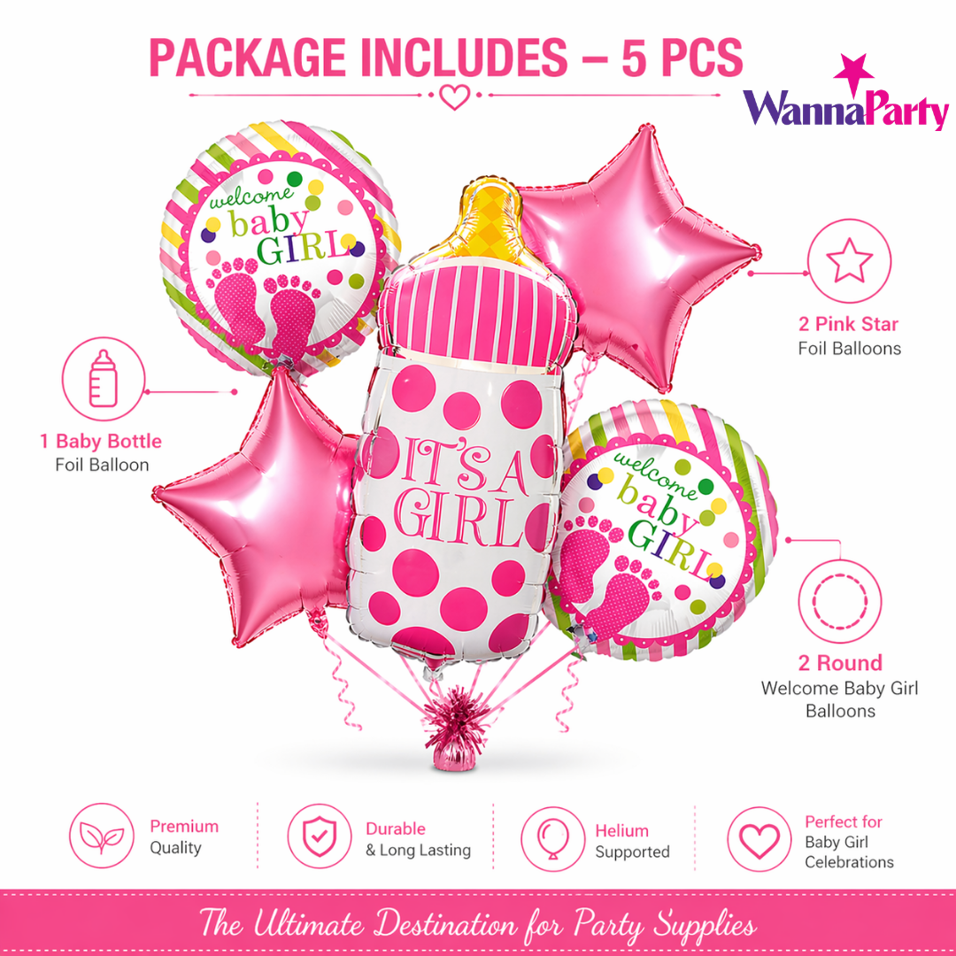 It’s a Girl Bottle Shaped Helium Balloon Set of 5 (Baby Bottle + Welcome Baby Girl + Pink Star Balloons) | Pre-Inflated & Delivered | Baby Shower Decoration