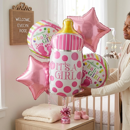 It’s a Girl Bottle Shaped Helium Balloon Set of 5 (Baby Bottle + Welcome Baby Girl + Pink Star Balloons) | Pre-Inflated & Delivered | Baby Shower Decoration