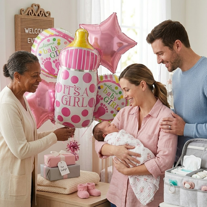 It’s a Girl Bottle Shaped Helium Balloon Set of 5 (Baby Bottle + Welcome Baby Girl + Pink Star Balloons) | Pre-Inflated & Delivered | Baby Shower Decoration