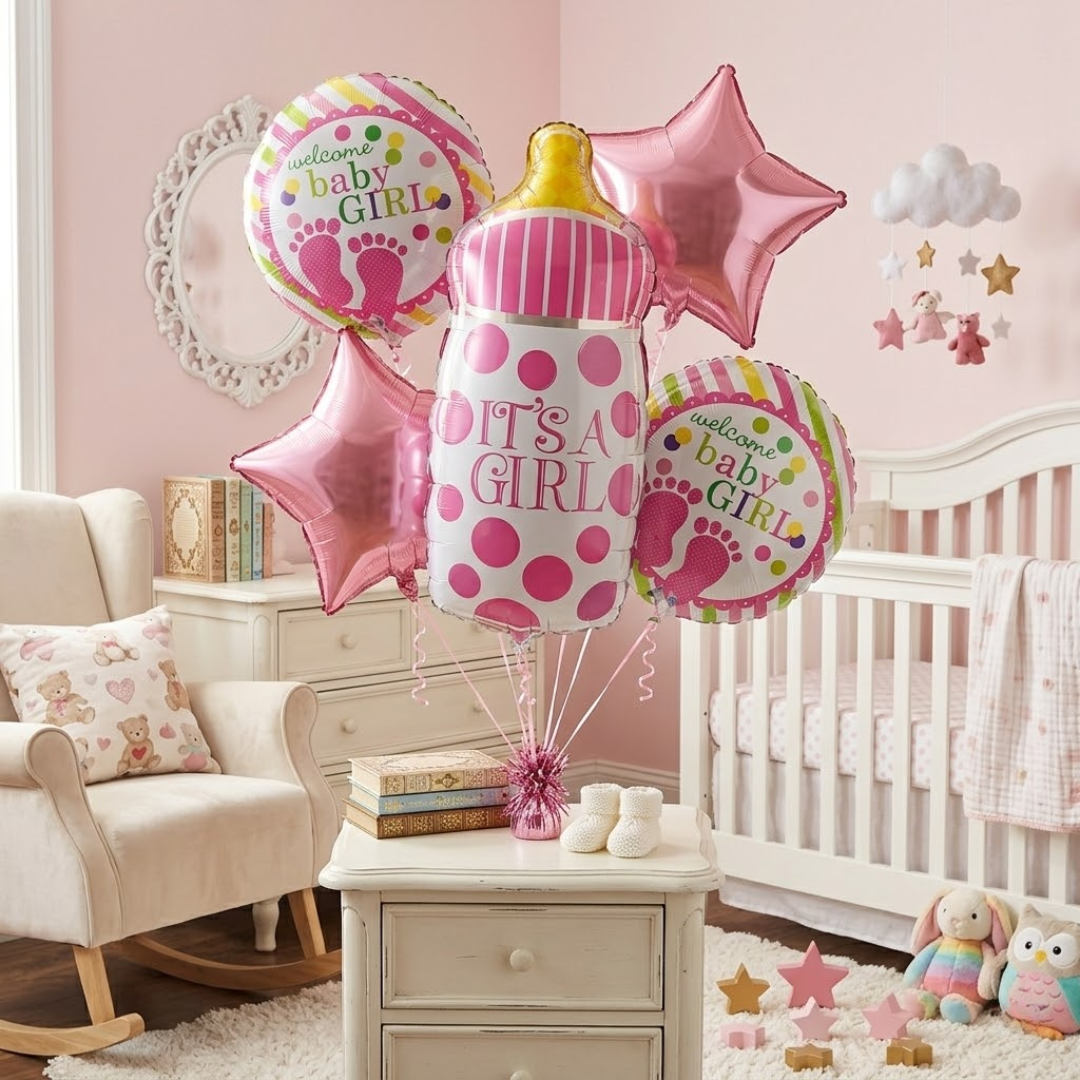 It's a Girl Baby Bottle Welcome Baby Girl Balloon - Set of 5