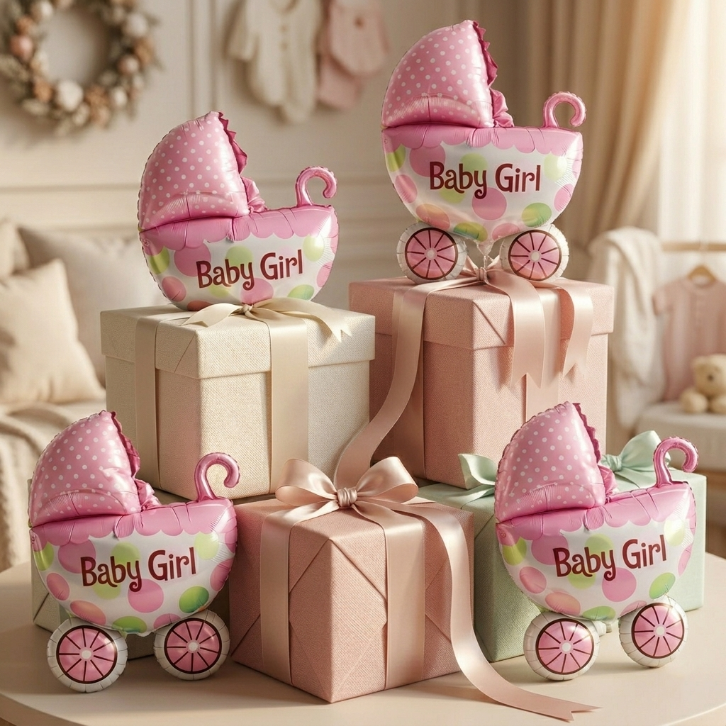 Baby Girl Pram Foil Balloon Set for Baby Girl Arrival Party 14 inches - 6PC | Trousseau Packing Gifting Balloon Decoration