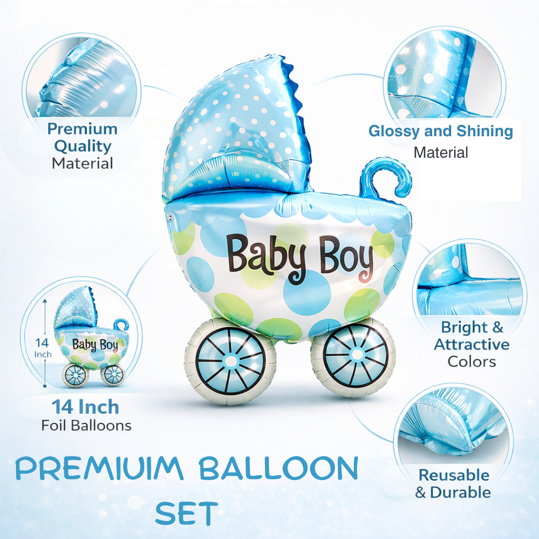 Baby Boy Pram Foil Balloon Set for Baby Boy Arrival Party 14 inches - 6PC | Trousseau Packing Gifting Balloon Decoration