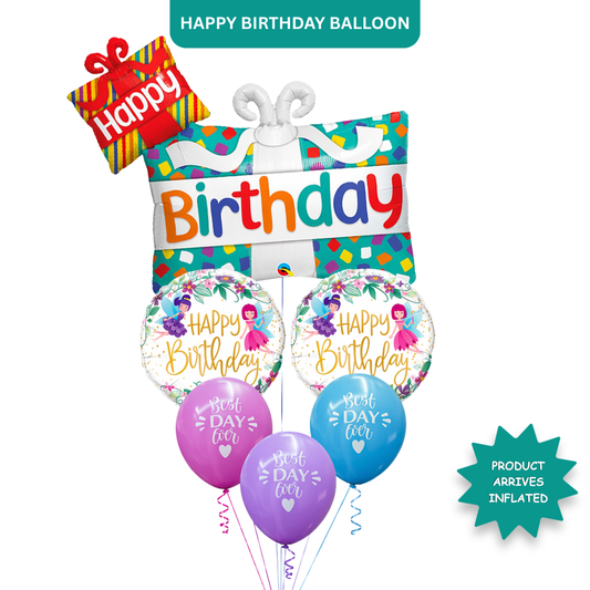 Happy Birthday Gift Box Helium Balloon Set of 6 (Dual Gift Box Supershape + 2 Happy Birthday Round Foil + 3 Best Day Ever Balloons) | Pre-Inflated & Delivered | Birthday Decoration