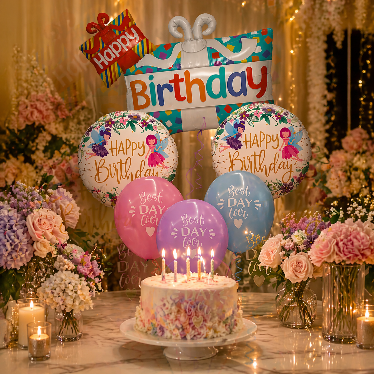 Happy Birthday Gift Box Helium Balloon Set of 6 (Dual Gift Box Supershape + 2 Happy Birthday Round Foil + 3 Best Day Ever Balloons) | Pre-Inflated & Delivered | Birthday Decoration