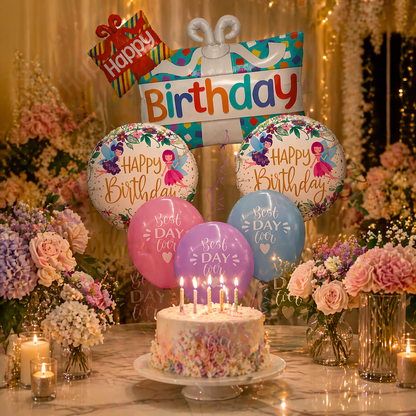 Happy Birthday Gift Box Helium Balloon Set of 6 (Dual Gift Box Supershape + 2 Happy Birthday Round Foil + 3 Best Day Ever Balloons) | Pre-Inflated & Delivered | Birthday Decoration