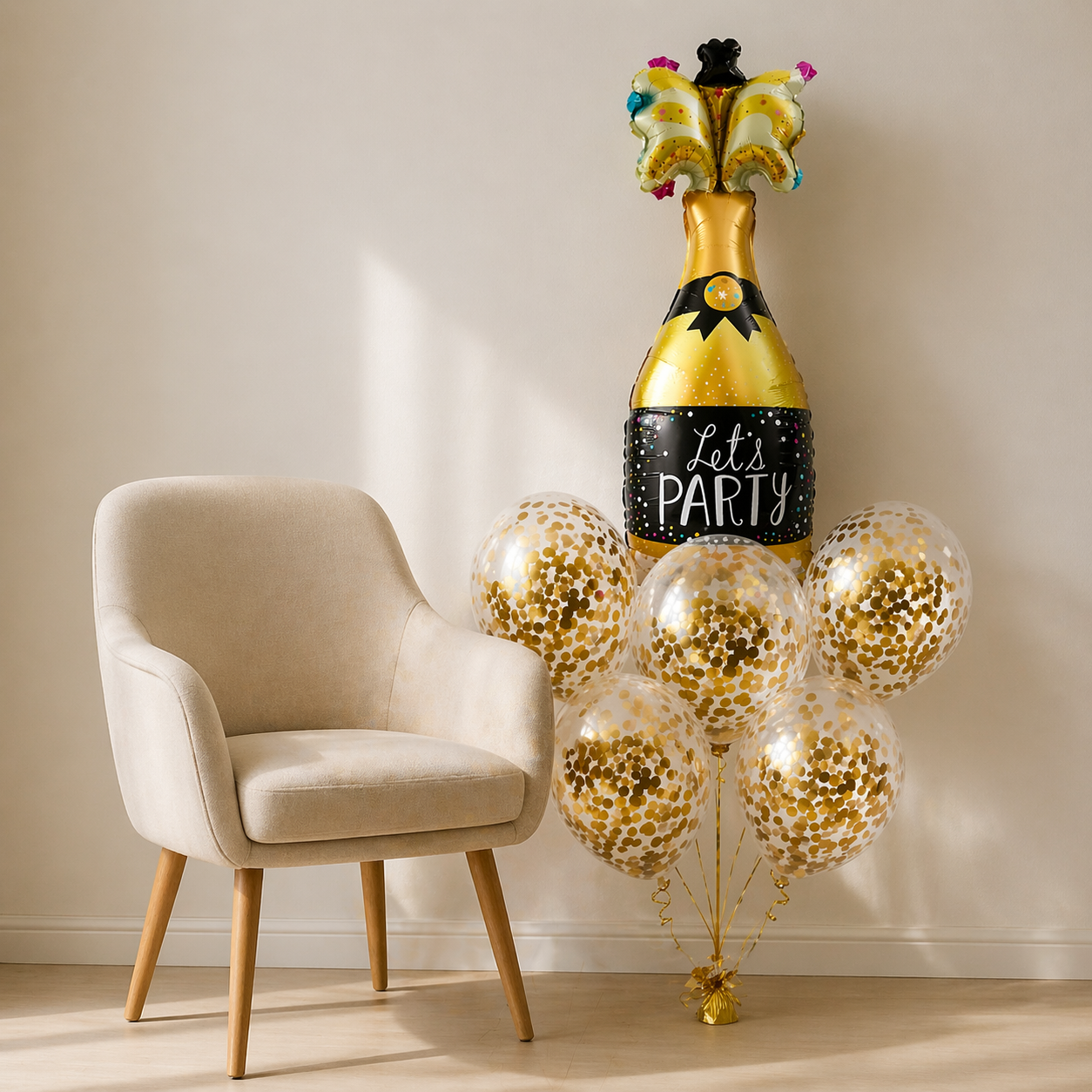 Let’s Party Champagne Glass Helium Balloon Set of 6 (1 Supershape Champagne + 5 Gold Confetti Balloons) | Pre-Inflated & Delivered | Celebration Decoration