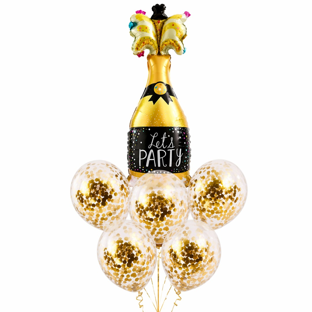 Let’s Party Champagne Glass Helium Balloon Set of 6 (1 Supershape Champagne + 5 Gold Confetti Balloons) | Pre-Inflated & Delivered | Celebration Decoration