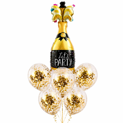 Let’s Party Champagne Glass Helium Balloon Set of 6 (1 Supershape Champagne + 5 Gold Confetti Balloons) | Pre-Inflated & Delivered | Celebration Decoration