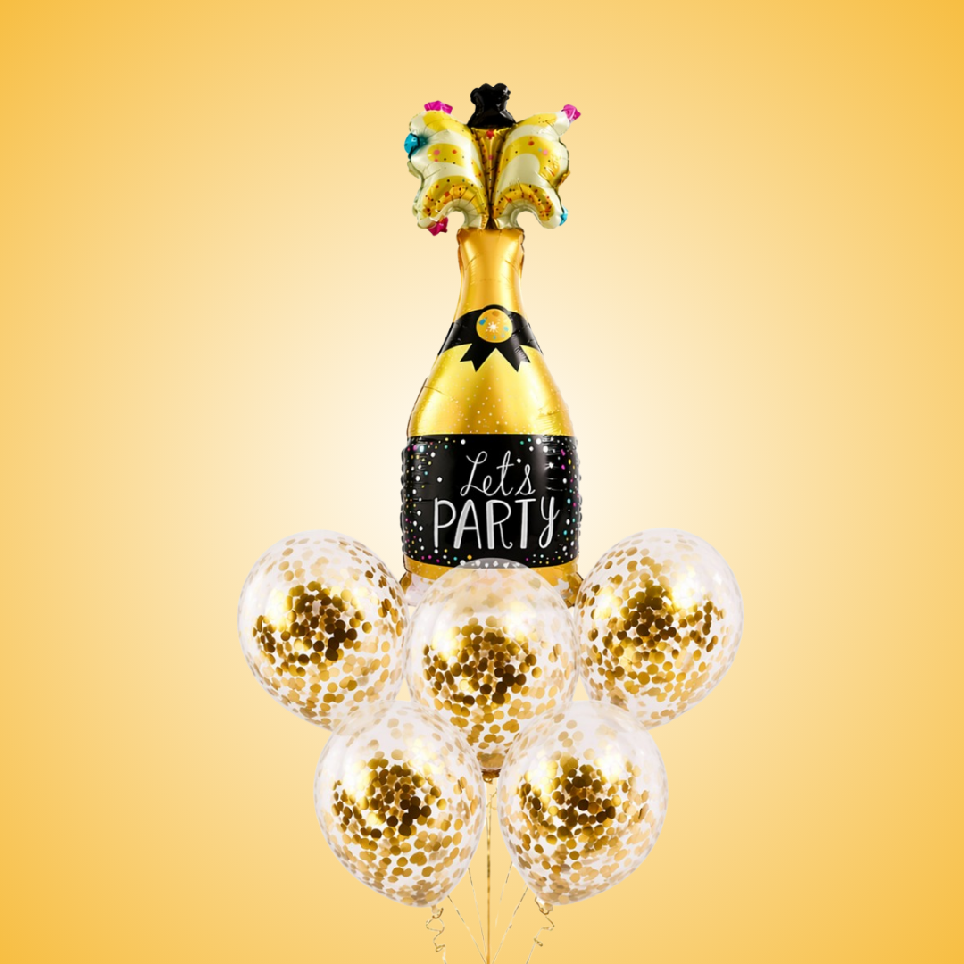 Let’s Party” Champagne Glass Foil Balloon Set of 6 for Celebration Decoration | 1 Supershape Champagne Balloon + 5 Gold Confetti Balloons |