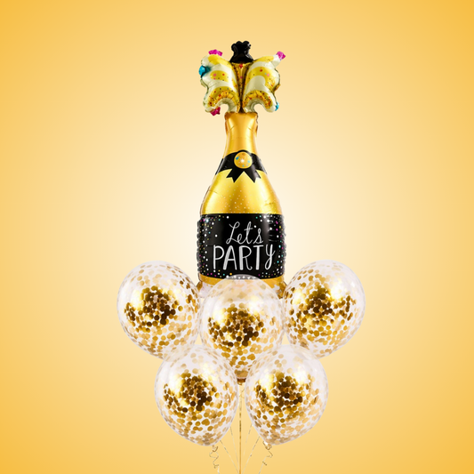 Let’s Party” Champagne Glass Foil Balloon Set of 6 for Celebration Decoration | 1 Supershape Champagne Balloon + 5 Gold Confetti Balloons |