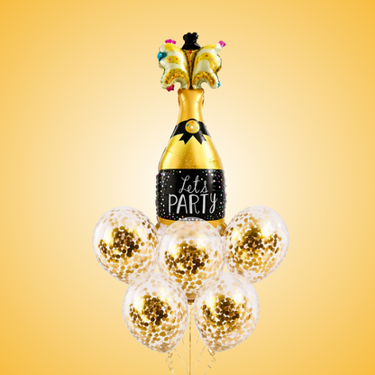 Let’s Party Champagne Glass Helium Balloon Set of 6 (1 Supershape Champagne + 5 Gold Confetti Balloons) | Pre-Inflated & Delivered | Celebration Decoration