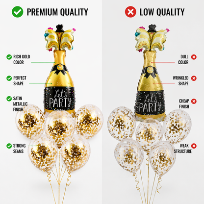 Let’s Party” Champagne Glass Foil Balloon Set of 6 for Celebration Decoration | 1 Supershape Champagne Balloon + 5 Gold Confetti Balloons |