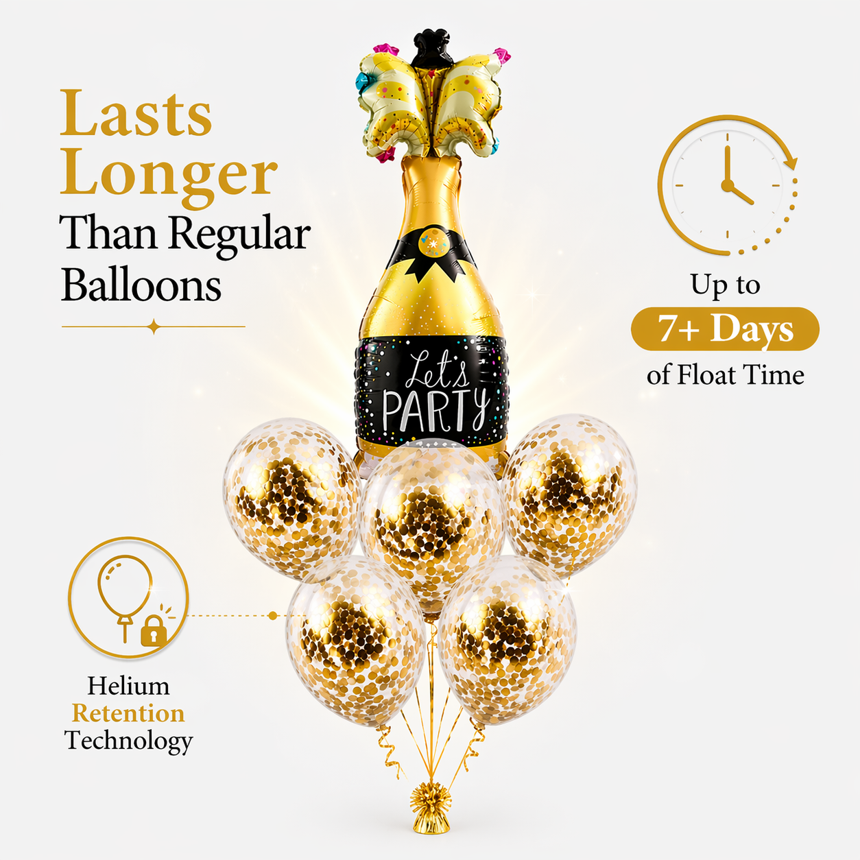 Let’s Party Champagne Glass Helium Balloon Set of 6 (1 Supershape Champagne + 5 Gold Confetti Balloons) | Pre-Inflated & Delivered | Celebration Decoration