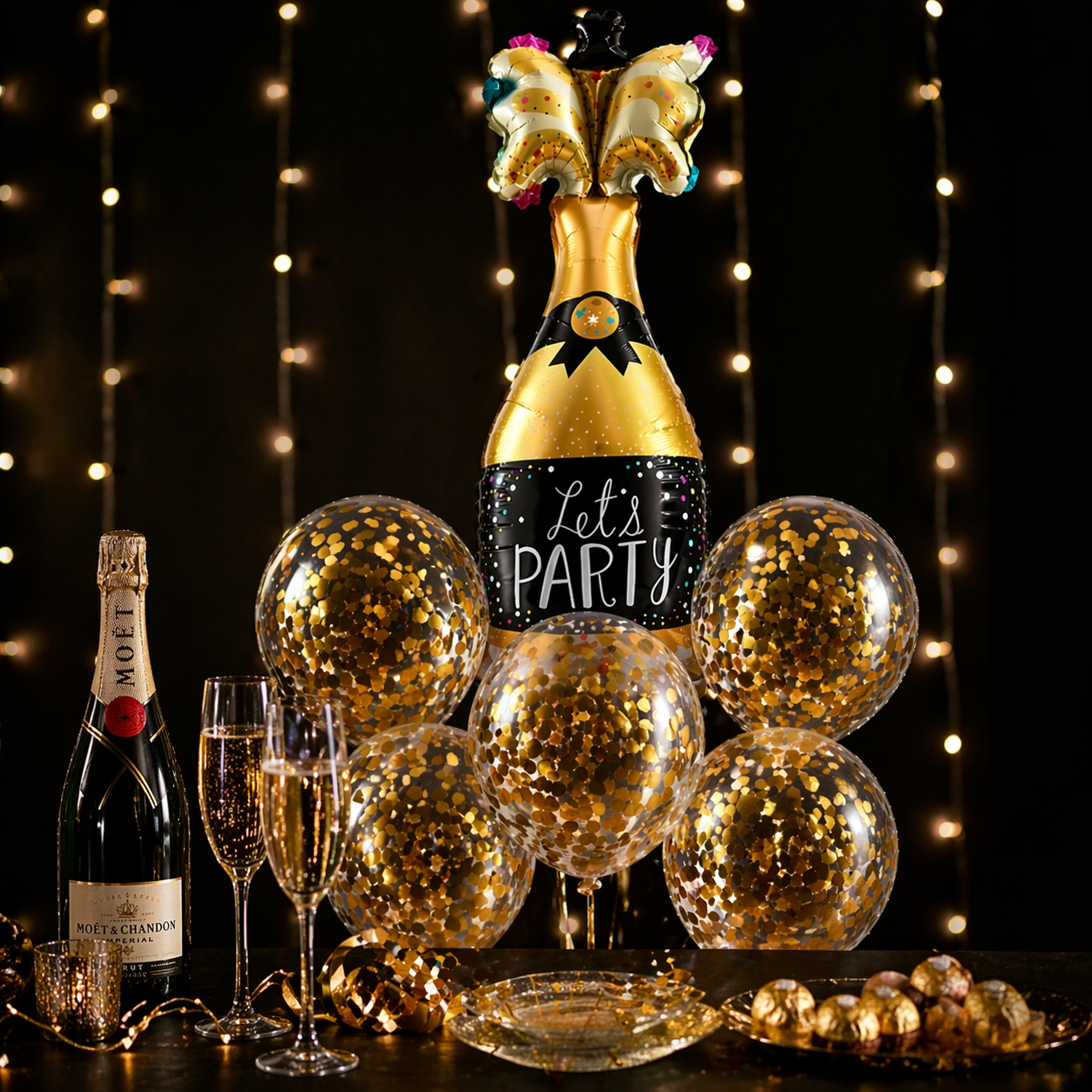 Let’s Party” Champagne Glass Foil Balloon Set of 6 for Celebration Decoration | 1 Supershape Champagne Balloon + 5 Gold Confetti Balloons |