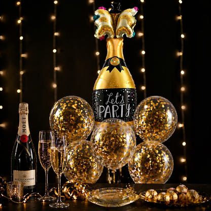 Let’s Party” Champagne Glass Foil Balloon Set of 6 for Celebration Decoration | 1 Supershape Champagne Balloon + 5 Gold Confetti Balloons |