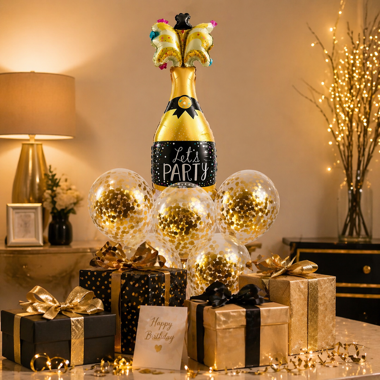 Let’s Party Champagne Glass Helium Balloon Set of 6 (1 Supershape Champagne + 5 Gold Confetti Balloons) | Pre-Inflated & Delivered | Celebration Decoration