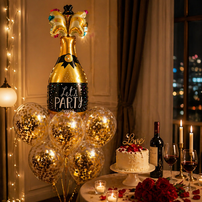 Let’s Party Champagne Glass Helium Balloon Set of 6 (1 Supershape Champagne + 5 Gold Confetti Balloons) | Pre-Inflated & Delivered | Celebration Decoration