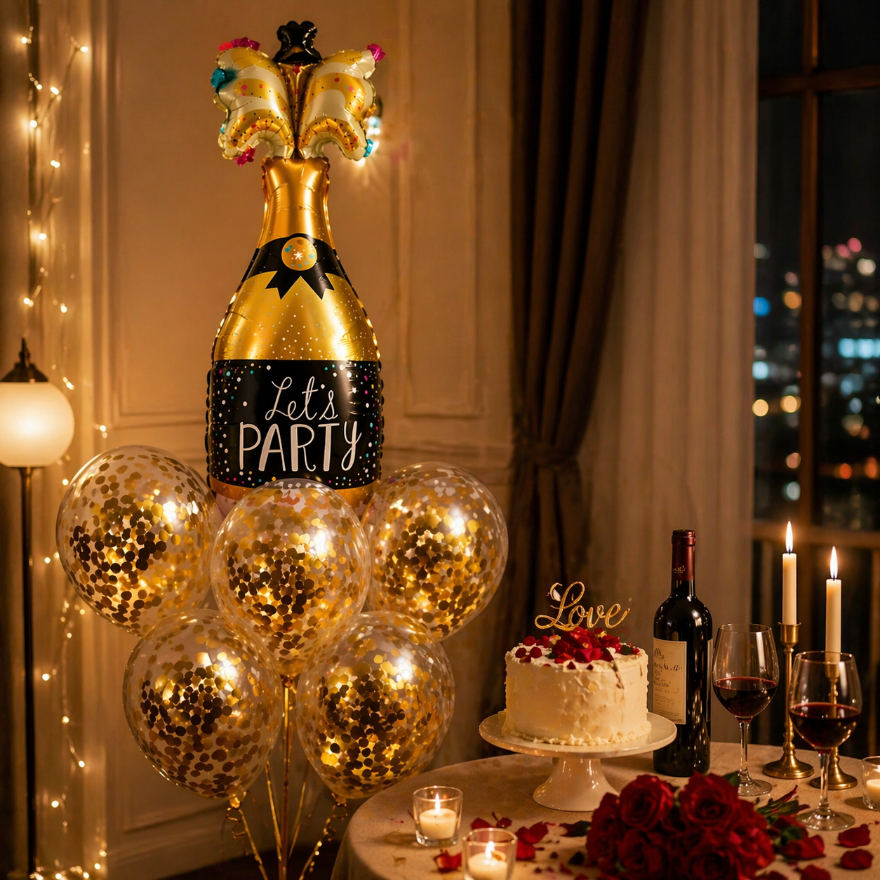 Let’s Party” Champagne Glass Foil Balloon Set of 6 for Celebration Decoration | 1 Supershape Champagne Balloon + 5 Gold Confetti Balloons |