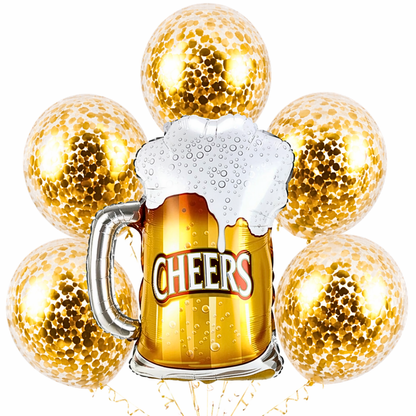 Cheers Beer Mug Helium Balloon Set of 6 (Beer Mug Supershape + Gold Confetti Balloons) | Pre-Inflated & Delivered