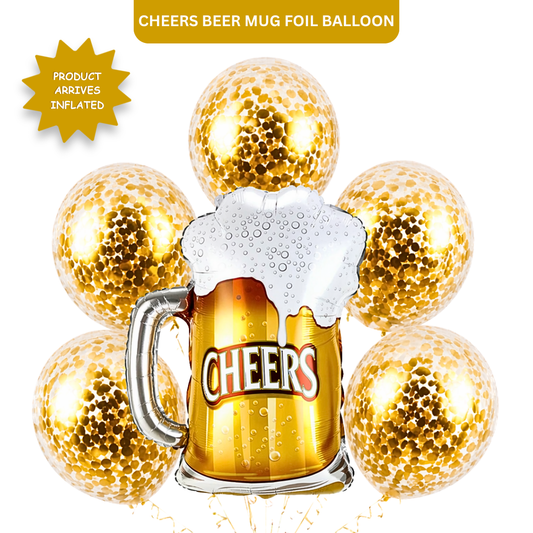 Cheers Beer Mug Helium Balloon Set of 6 (Beer Mug Supershape + Gold Confetti Balloons) | Pre-Inflated & Delivered