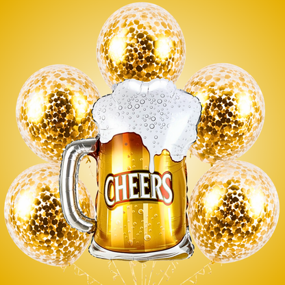 Cheers Beer Mug Helium Balloon Set of 6 (Beer Mug Supershape + Gold Confetti Balloons) | Pre-Inflated & Delivered