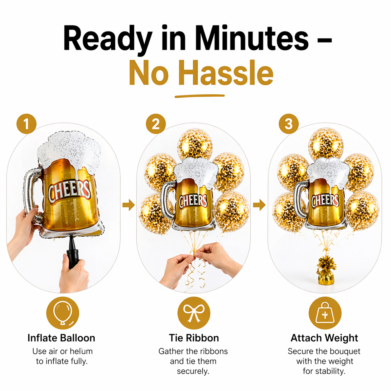 Cheers Beer Mug Helium Balloon Set of 6 (Beer Mug Supershape + Gold Confetti Balloons) | Pre-Inflated & Delivered