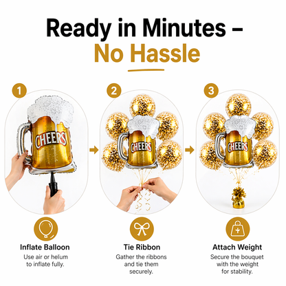 Cheers Beer Mug Helium Balloon Set of 6 (Beer Mug Supershape + Gold Confetti Balloons) | Pre-Inflated & Delivered