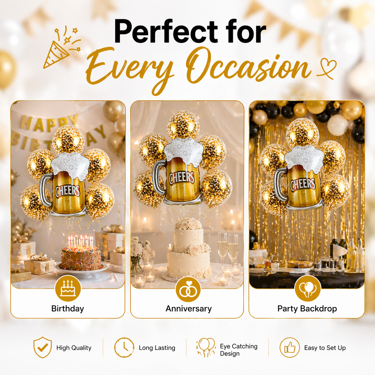 Cheers Beer Mug Supershape Foil Balloon Set of 6 for Celebration Decoration | Beer Mug Balloon + Gold Confetti Balloons