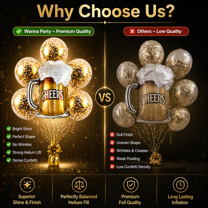 Cheers Beer Mug Helium Balloon Set of 6 (Beer Mug Supershape + Gold Confetti Balloons) | Pre-Inflated & Delivered