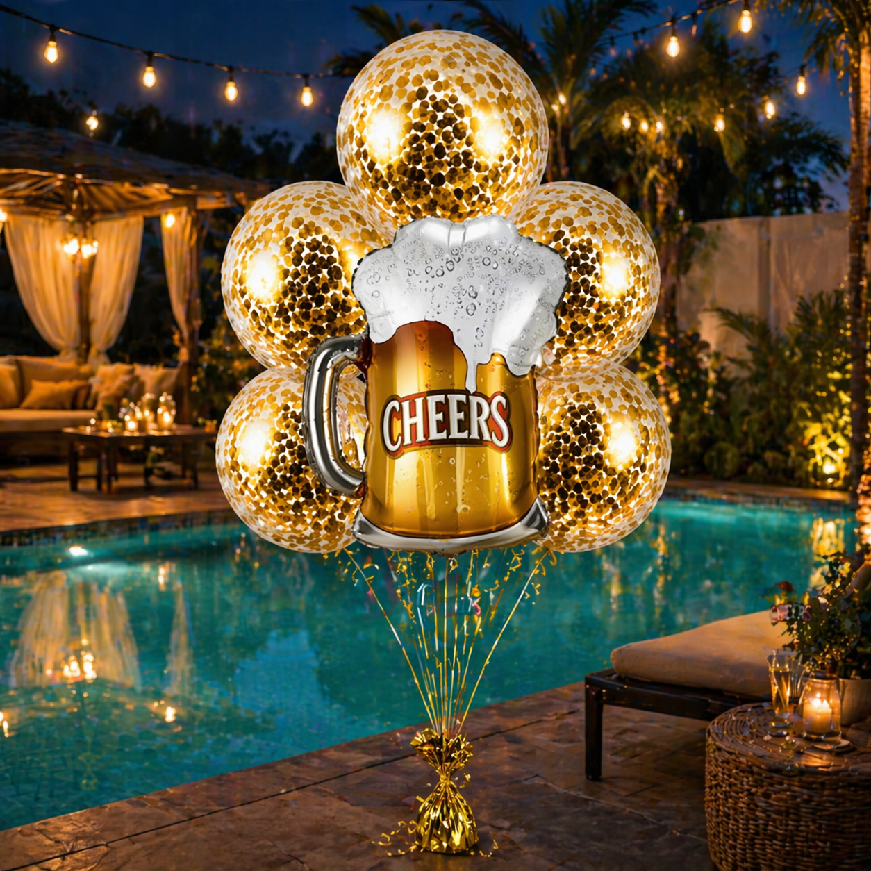 Cheers Beer Mug Supershape Foil Balloon Set of 6 for Celebration Decoration | Beer Mug Balloon + Gold Confetti Balloons