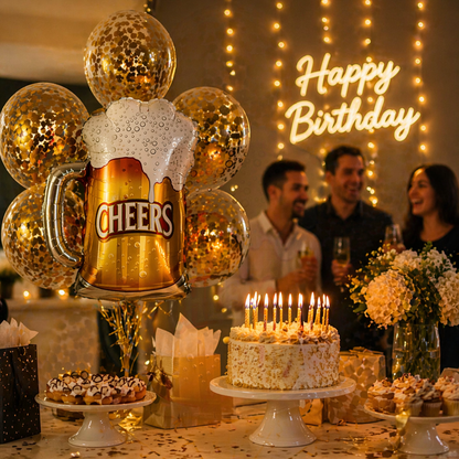 Cheers Beer Mug Helium Balloon Set of 6 (Beer Mug Supershape + Gold Confetti Balloons) | Pre-Inflated & Delivered