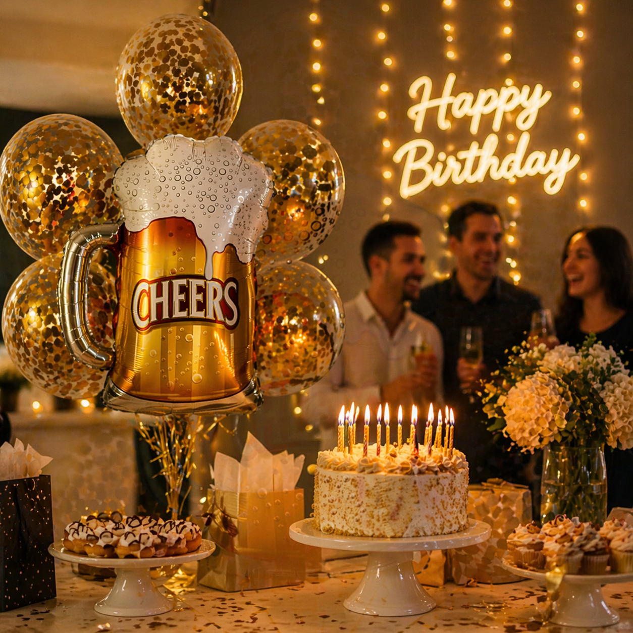 Cheers Beer Mug Supershape Foil Balloon Set of 6 for Celebration Decoration | Beer Mug Balloon + Gold Confetti Balloons