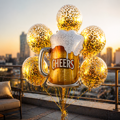 Cheers Beer Mug Supershape Foil Balloon Set of 6 for Celebration Decoration | Beer Mug Balloon + Gold Confetti Balloons