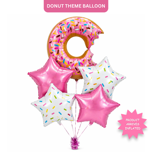 Donut Theme Helium Balloon Set of 5 (Donut Balloon + 2 Sprinkled Star + 2 Pink Star Balloons) | Pre-Inflated & Delivered | Kids Birthday Decoration