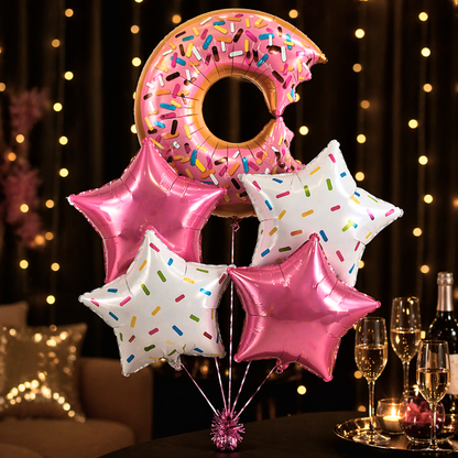 Donut Theme Helium Balloon Set of 5 (Donut Balloon + 2 Sprinkled Star + 2 Pink Star Balloons) | Pre-Inflated & Delivered | Kids Birthday Decoration