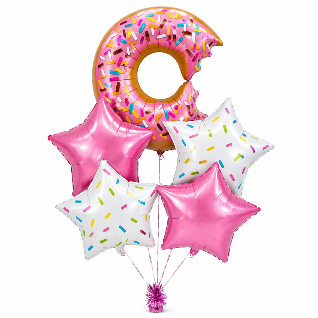 Donut Theme Foil Balloon Set of 5 for Birthday Decoration | Donut Balloon with 2 Sprinkled Star Balloons & 2 Pink Star Balloons