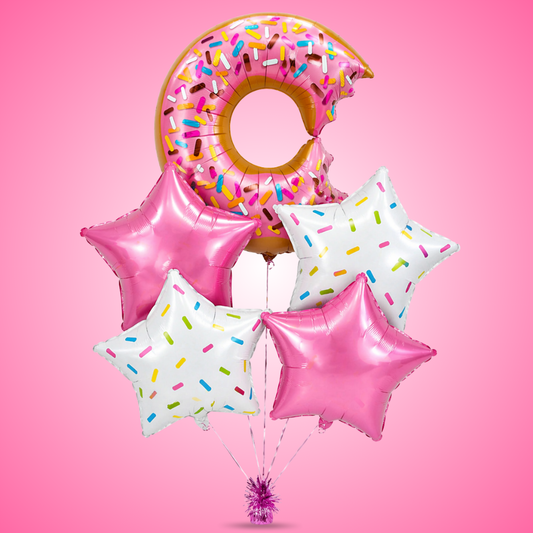 Donut Theme Foil Balloon Set of 5 for Birthday Decoration | Donut Balloon with 2 Sprinkled Star Balloons & 2 Pink Star Balloons