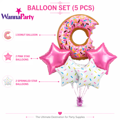 Donut Theme Helium Balloon Set of 5 (Donut Balloon + 2 Sprinkled Star + 2 Pink Star Balloons) | Pre-Inflated & Delivered | Kids Birthday Decoration