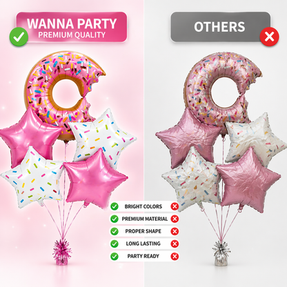 Donut Theme Helium Balloon Set of 5 (Donut Balloon + 2 Sprinkled Star + 2 Pink Star Balloons) | Pre-Inflated & Delivered | Kids Birthday Decoration