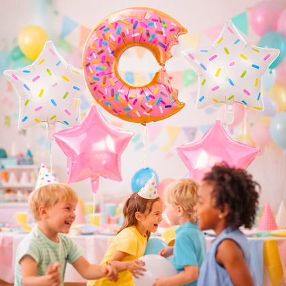 Donut Theme Foil Balloon Set of 5 for Birthday Decoration | Donut Balloon with 2 Sprinkled Star Balloons & 2 Pink Star Balloons