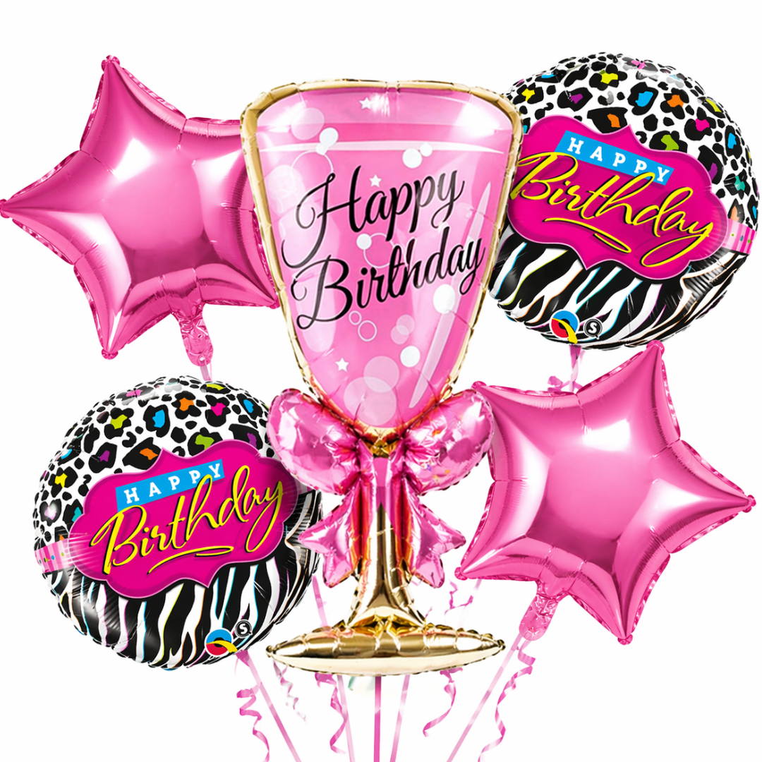 Pink Champagne Glass Helium Balloon Set of 5 (Supershape Champagne Glass + 2 Pink Happy Birthday + 2 Pink Star Balloons) | Pre-Inflated & Delivered | Birthday Decoration