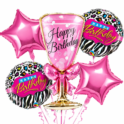Pink Champagne Glass Foil Balloon Set of 5 for Birthday Decoration | 1 Supershape Champagne Glass + 2 Pink Happy Birthday Balloons + 2 Pink Star Balloons