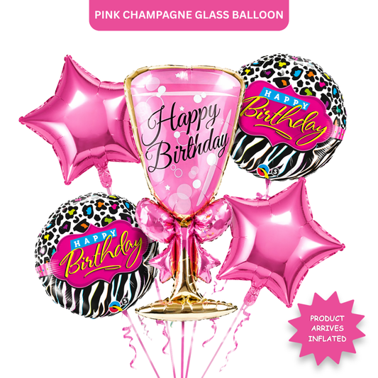 Pink Champagne Glass Helium Balloon Set of 5 (Supershape Champagne Glass + 2 Pink Happy Birthday + 2 Pink Star Balloons) | Pre-Inflated & Delivered | Birthday Decoration