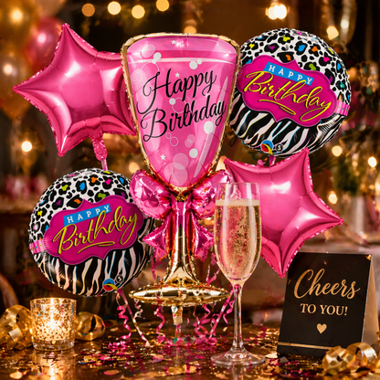 Pink Champagne Glass Foil Balloon Set of 5 for Birthday Decoration | 1 Supershape Champagne Glass + 2 Pink Happy Birthday Balloons + 2 Pink Star Balloons